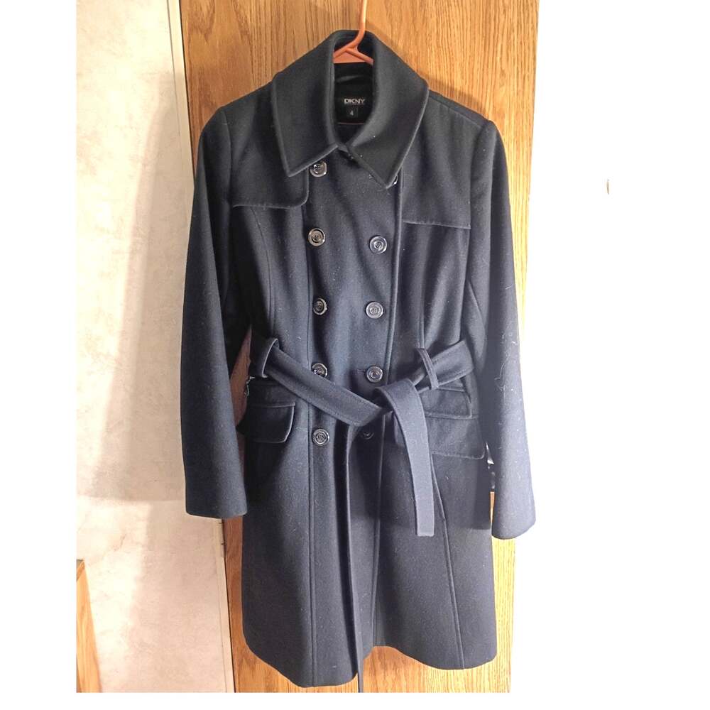 DKNY Black Wool Blend Coat Womens 4 Double Breasted Belted Longline Winter